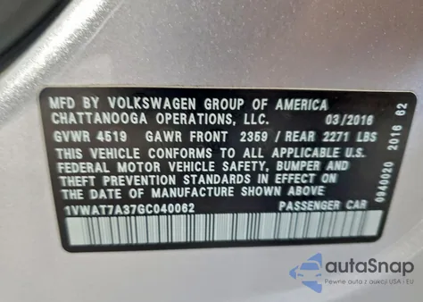 2016 Volkswagen Passat S из США, поврежденный, VIN 1VWAT7A37GC040062